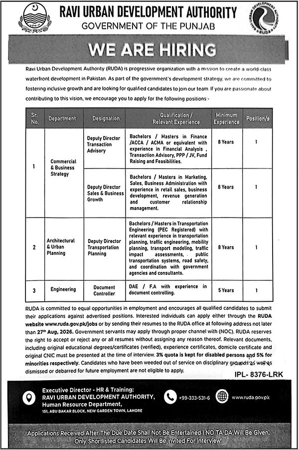 Ravi Urban Development Authority RUDA Lahore Jobs 2026 Advertisement