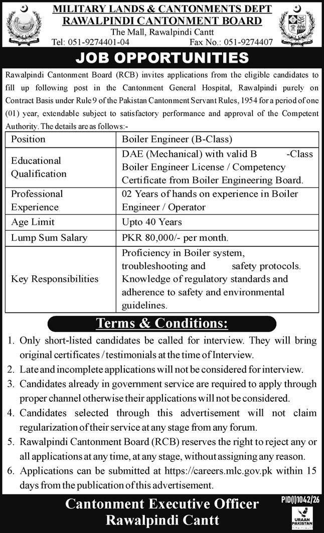 Rawalpindi Cantonment Board Jobs 2026 Advertisement