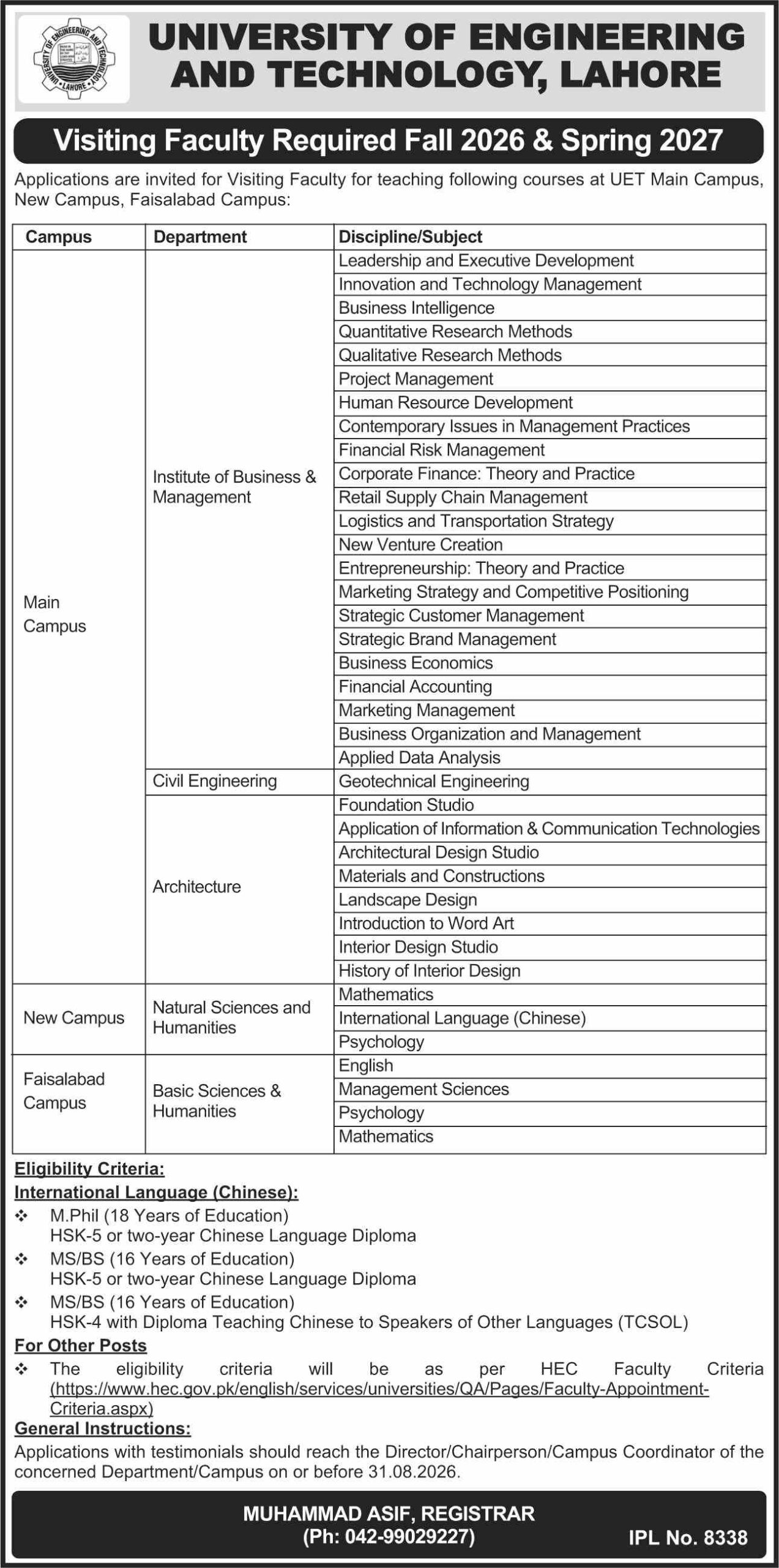 UET Lahore Jobs 2026 Advertisement