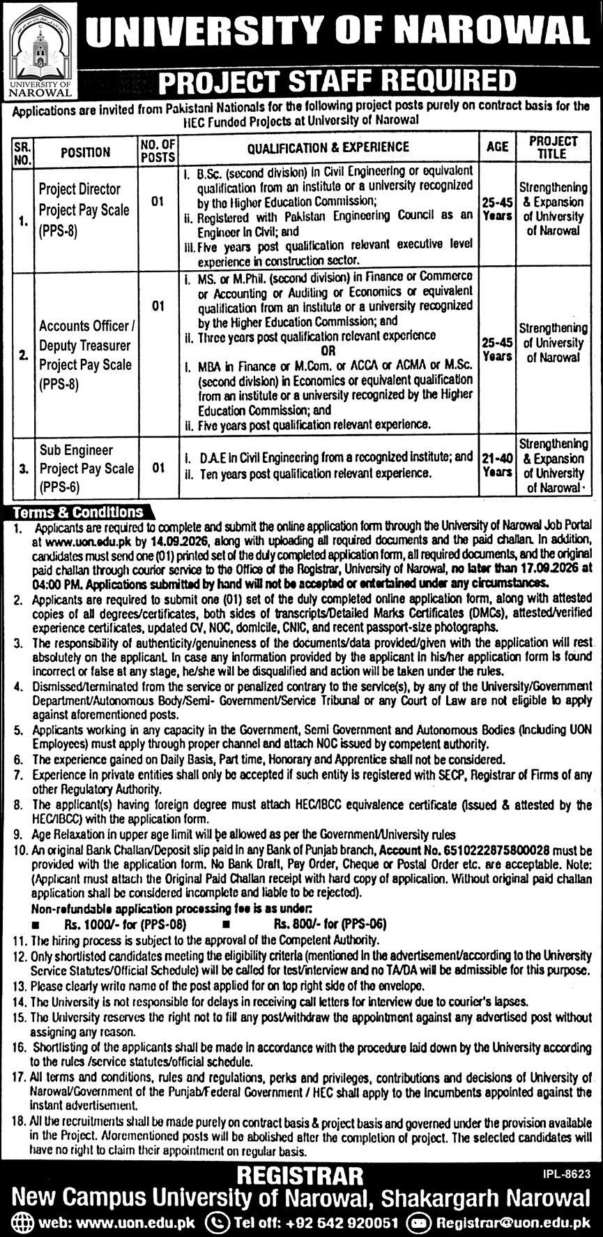 University of Narowal UON Jobs 2026 Advertisement