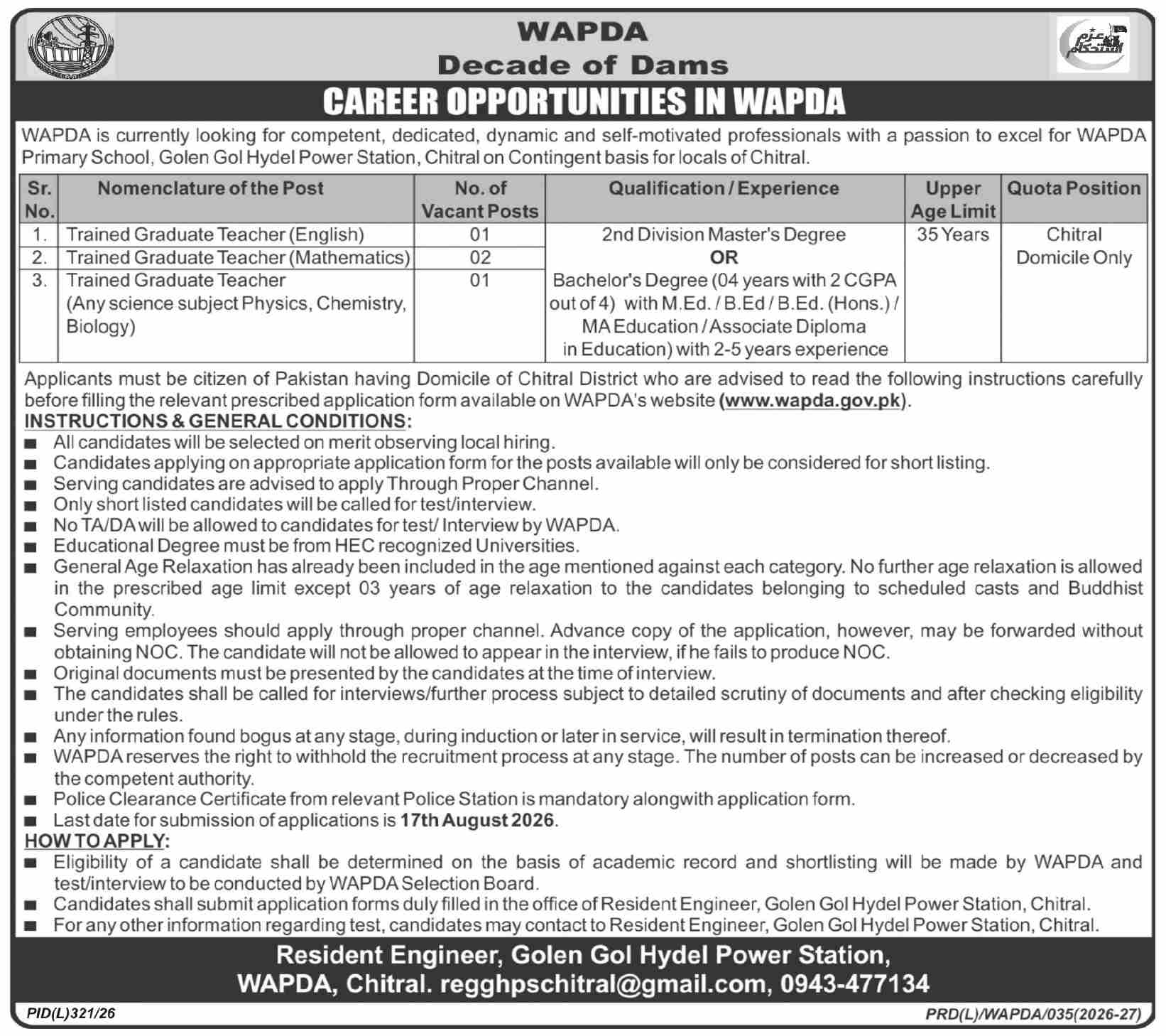 WAPDA Chitral Jobs 2026 Advertisement