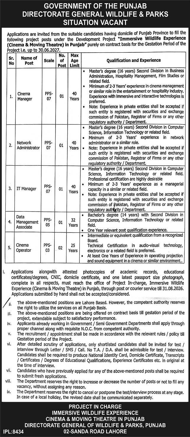 Wildlife & Parks Department Punjab Jobs 2026 Advertisement