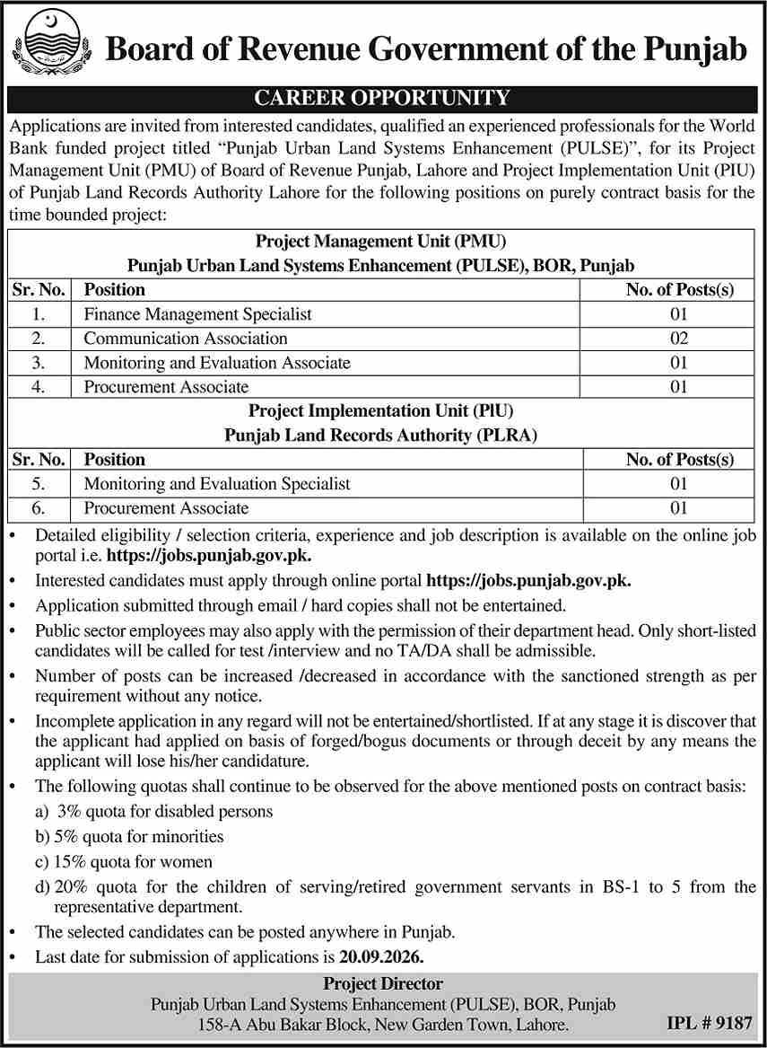 Board of Revenue Punjab Jobs September 2026 Advertisement