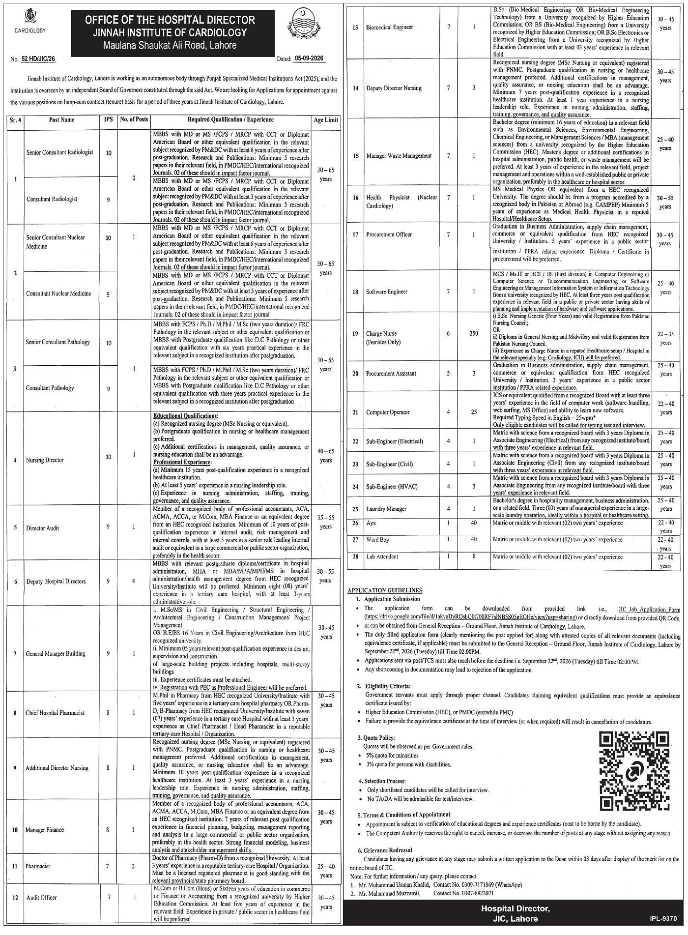 Jinnah Institute of Cardiology Lahore Jobs 2026 Advertisement