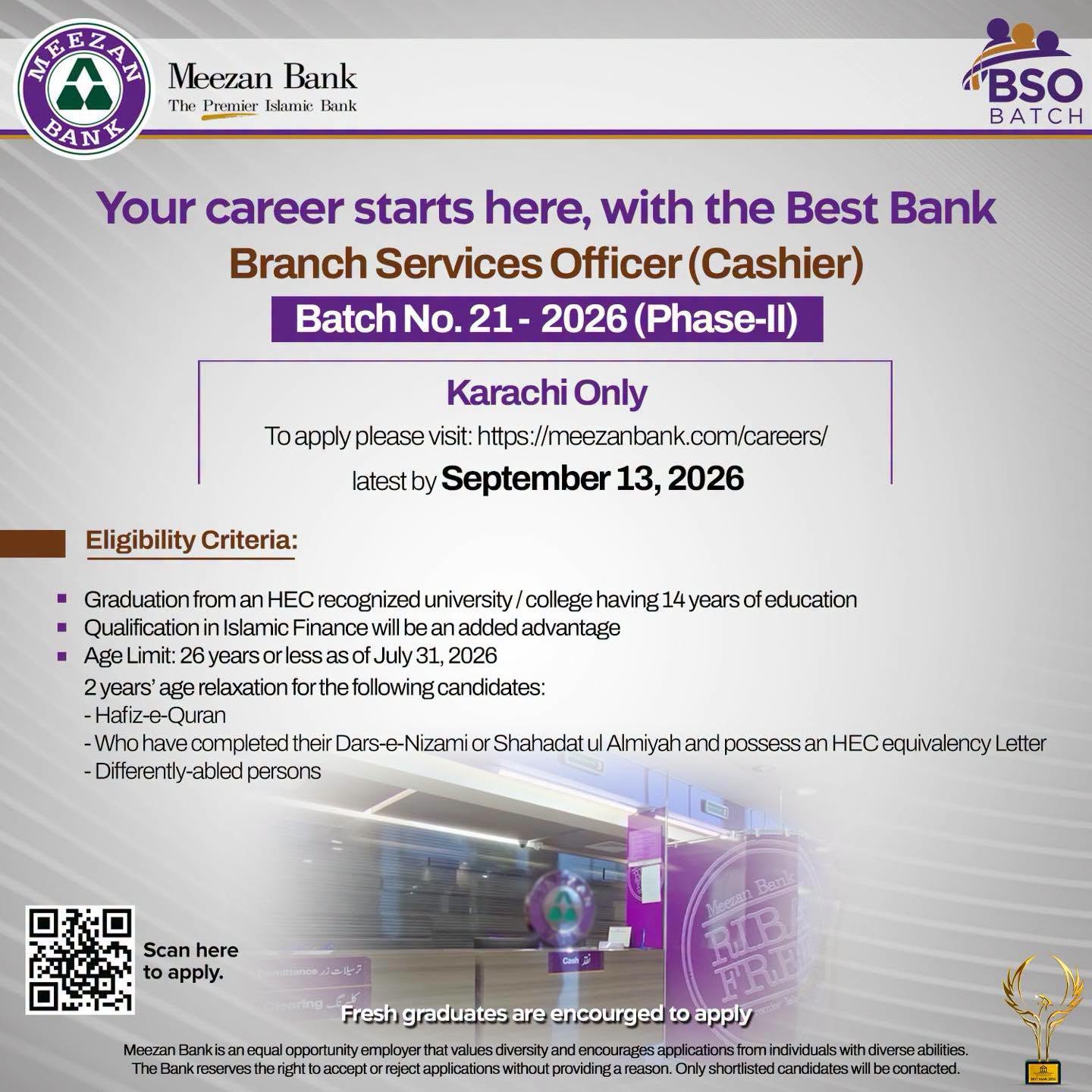 Meezan Bank Cashier Jobs 2026 Advertisement