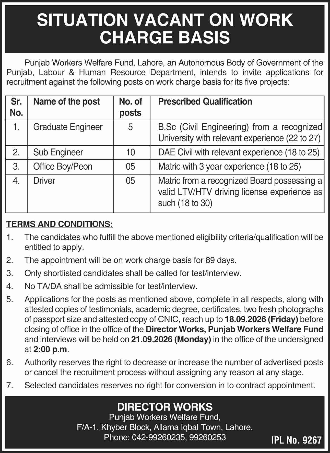 Punjab Workers Welfare Fund Lahore Jobs 2026 Advertisement