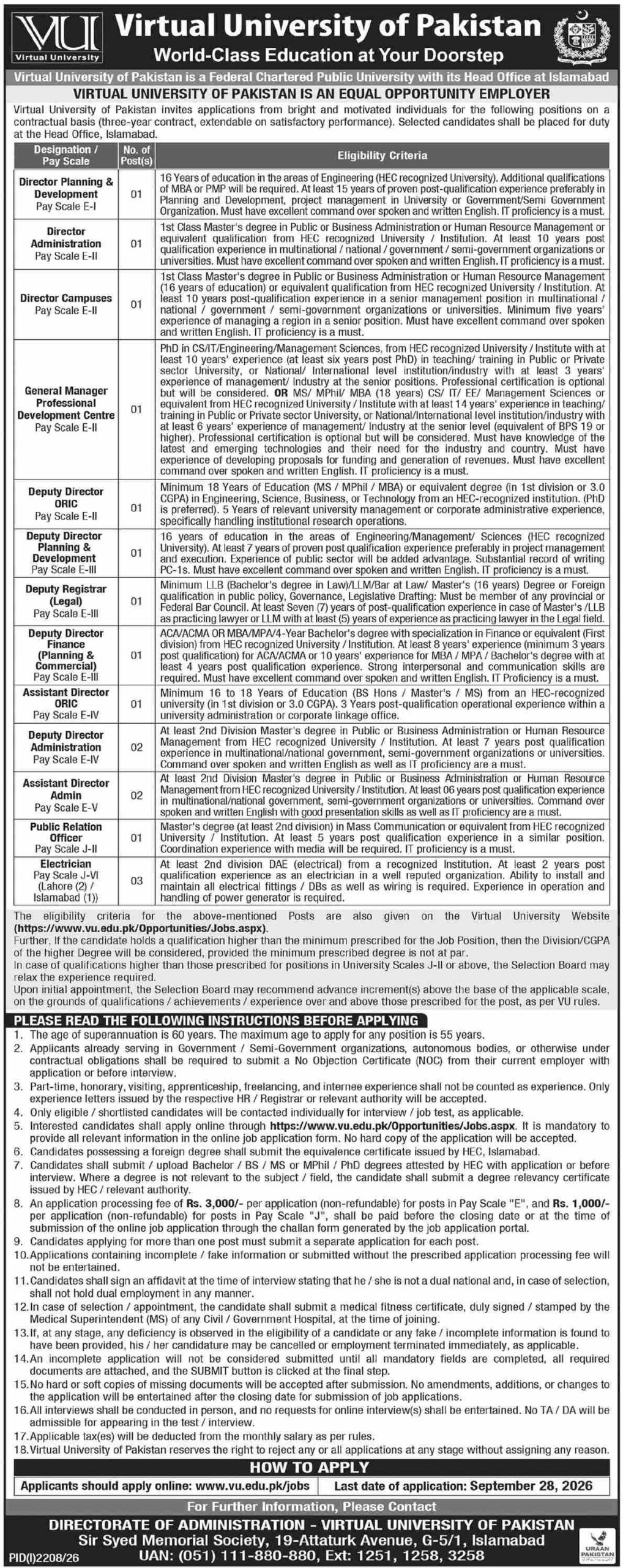 Virtual University of Pakistan Jobs 2026 Advertisement