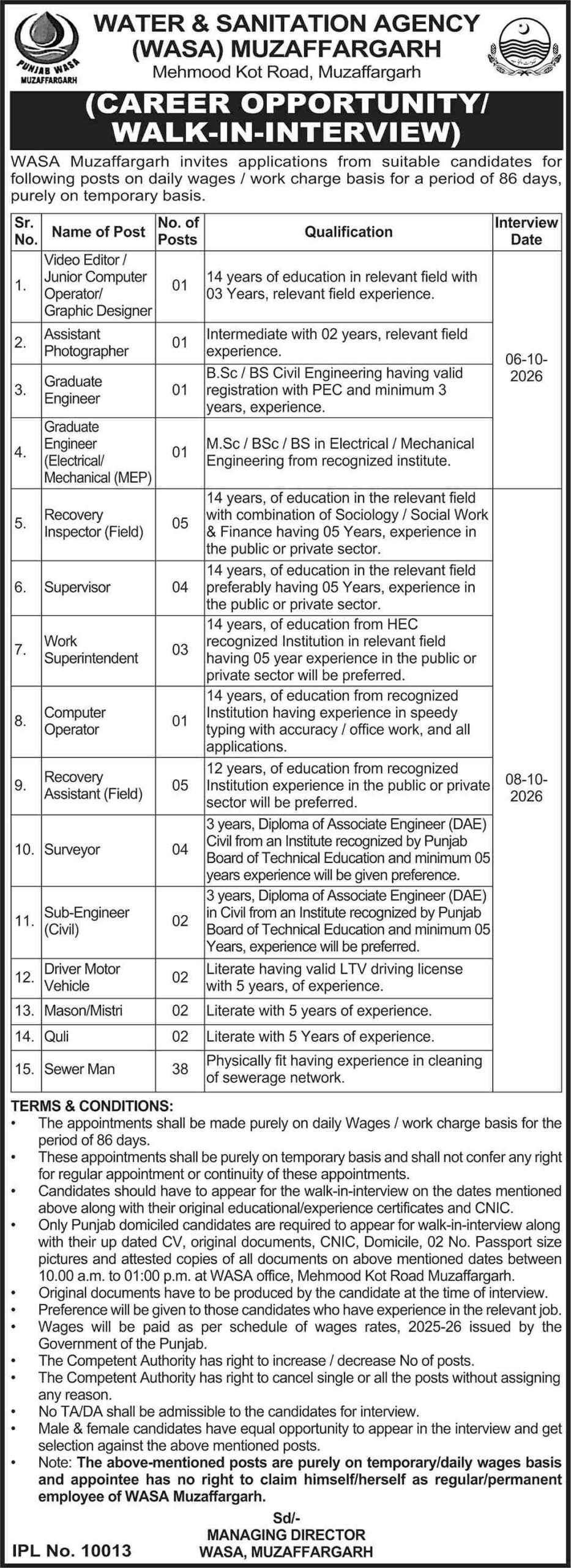 WASA Muzaffargarh Jobs 2026 Advertisement